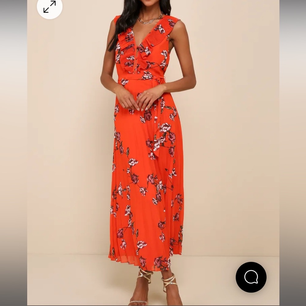 Lulus Loved By You Red Orange Floral Print Pleated Chiffon Maxi Dress